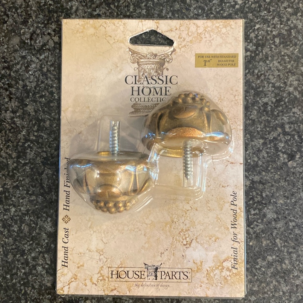 NIB solid wood gold curtain finials.